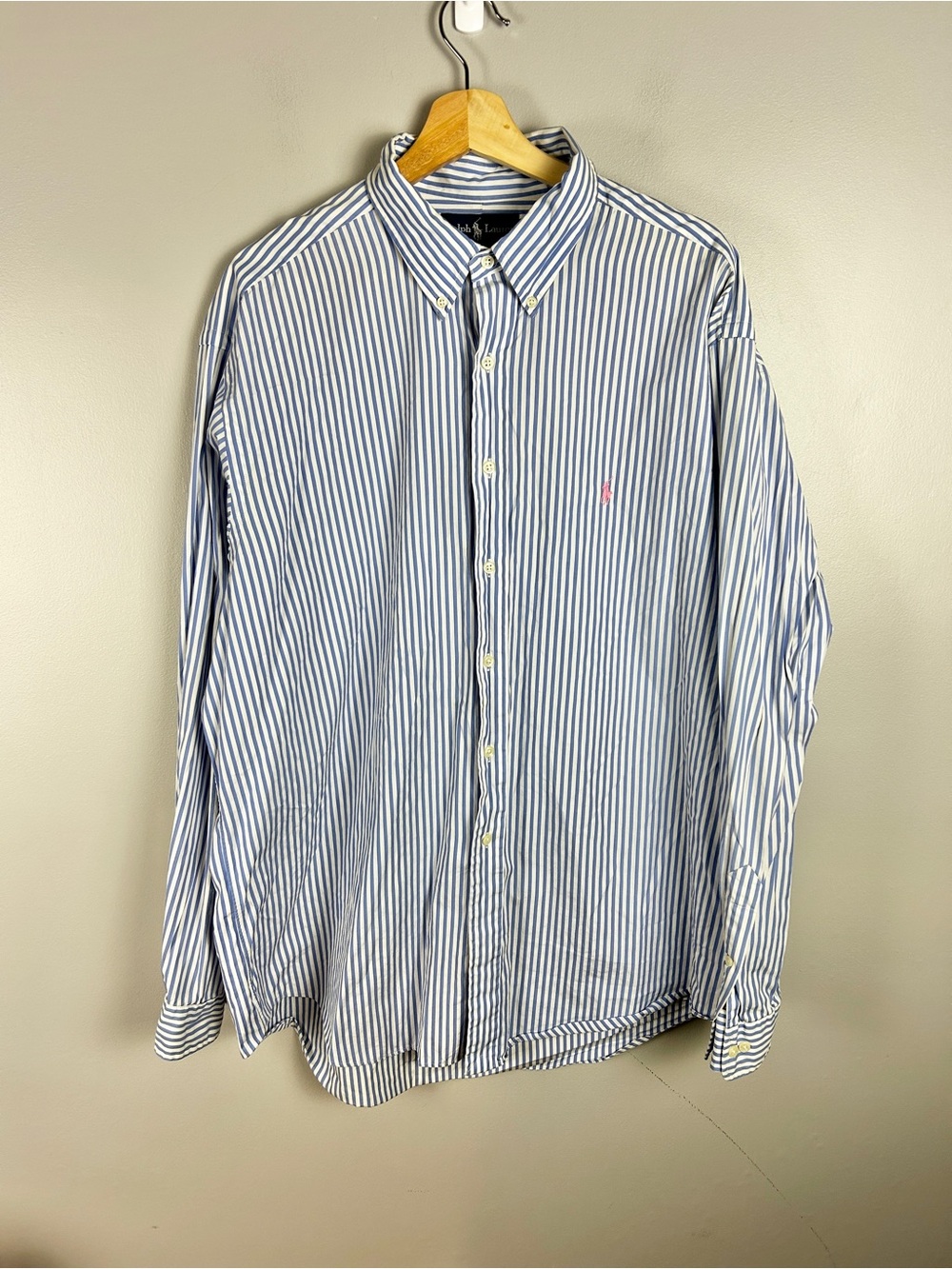 Ralph Lauren Blue Label Striped Oxford Button Down Shirt Men's 17.5 Blue White